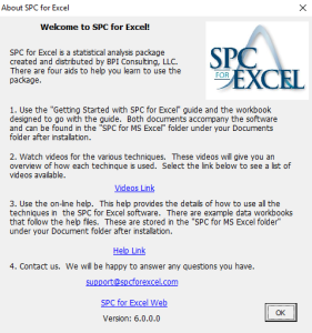 Program Update, Help & About SPC for Excel – SPC for Excel